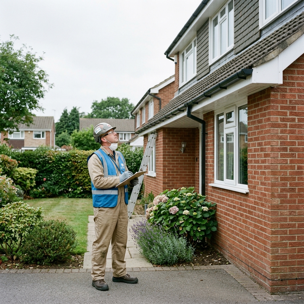 A professional pest controller in protective gear inspecting roof eaves of a UK house
