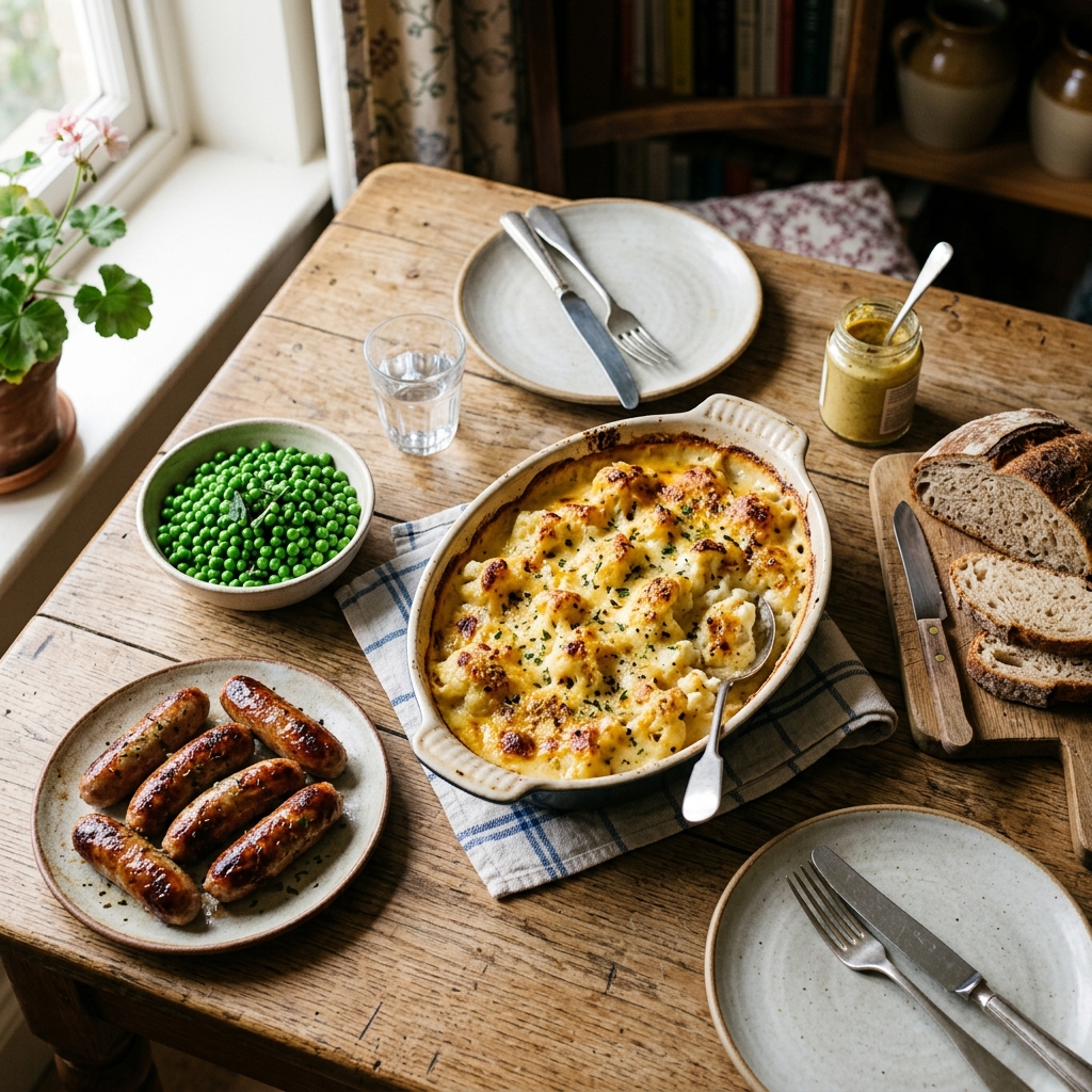 Golden bubbly cauliflower cheese in a baking dish served with sausages, peas and crusty bread on a wooden table