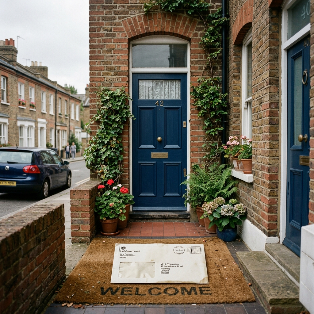 A front door of a typical English terraced house with an official letter sitting on the doormat.