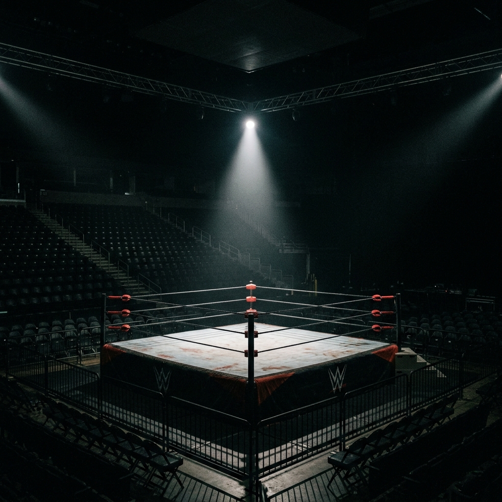 A dramatic, darkened wrestling ring with spotlights shining down, symbolizing the recent WWE releases