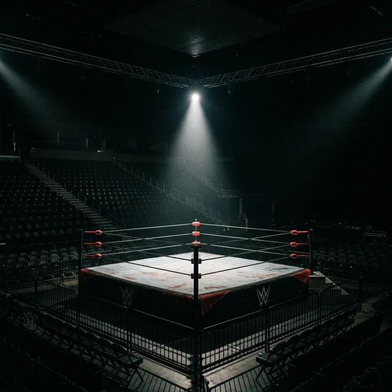 A dramatic, darkened wrestling ring with spotlights shining down, symbolizing the recent WWE releases